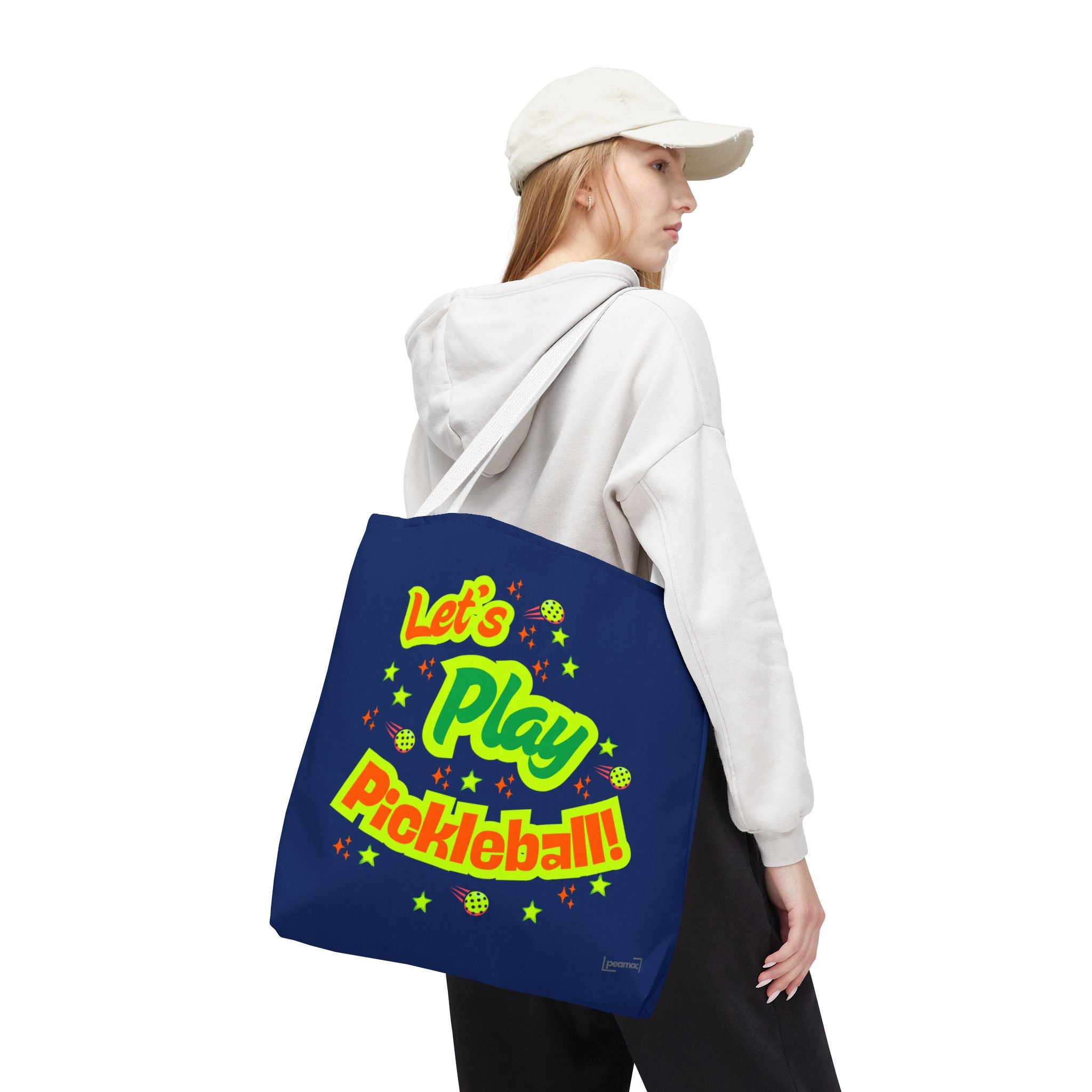Let's Play Pickleball large tote bag with retro bright graphics on navy shoulder bag, by Printify.