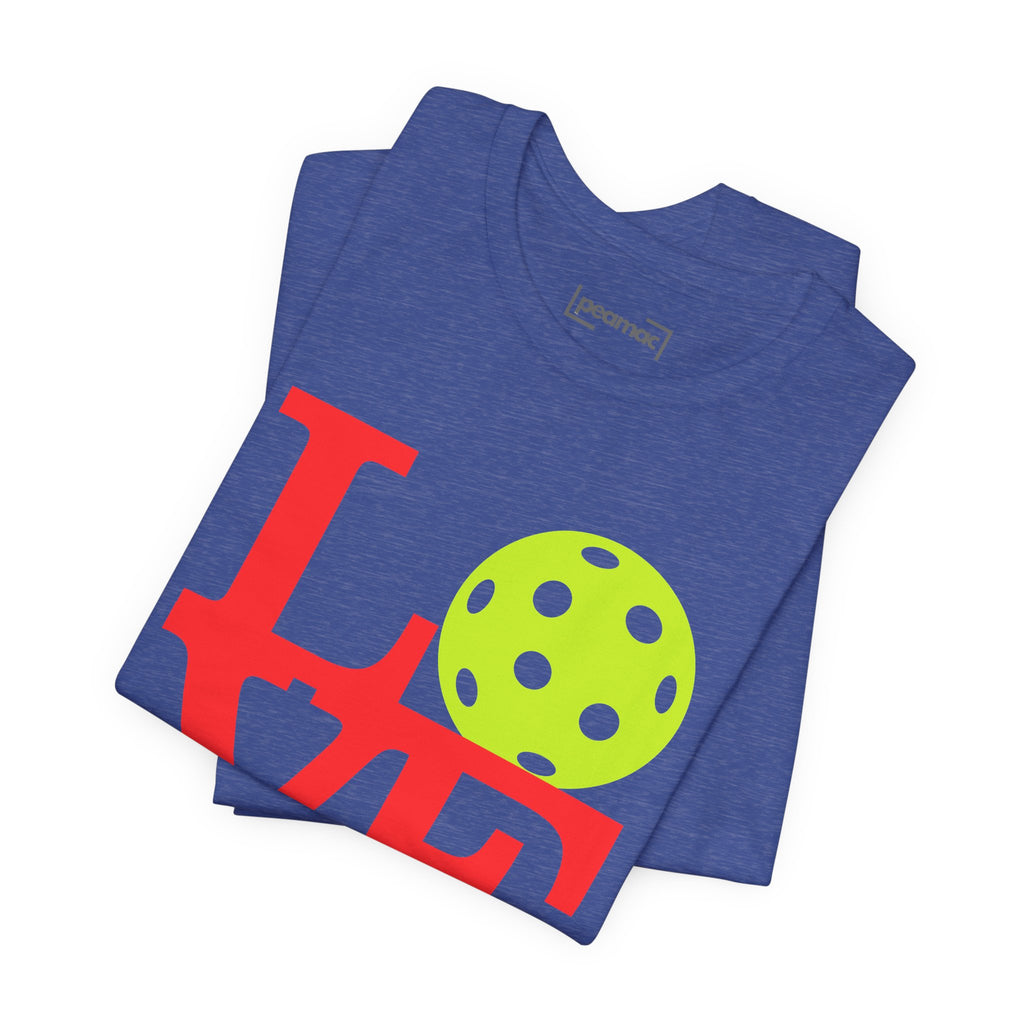 Bright neon pop art LOVE Pickleball T-shirt by Printify, featuring bold colorful graphic on a premium casual T-shirt.