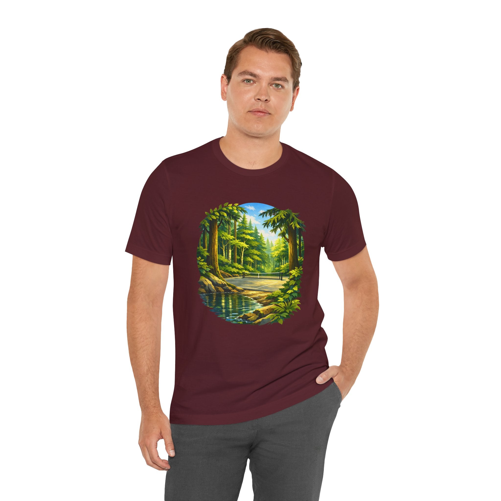 Unisex Hidden Forest Pickleball T-Shirt featuring Bainbridge Island tribute, soft cotton fabric, and vibrant forest design.