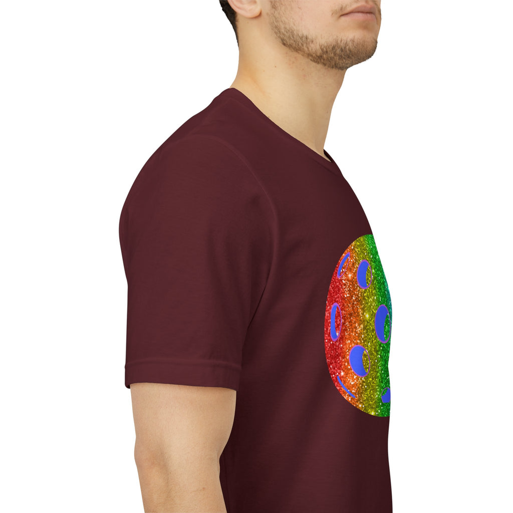 Rainbow glitter pickleball tee featuring bold "Loud and Proud" message, colorful design, and comfortable cotton fabric.