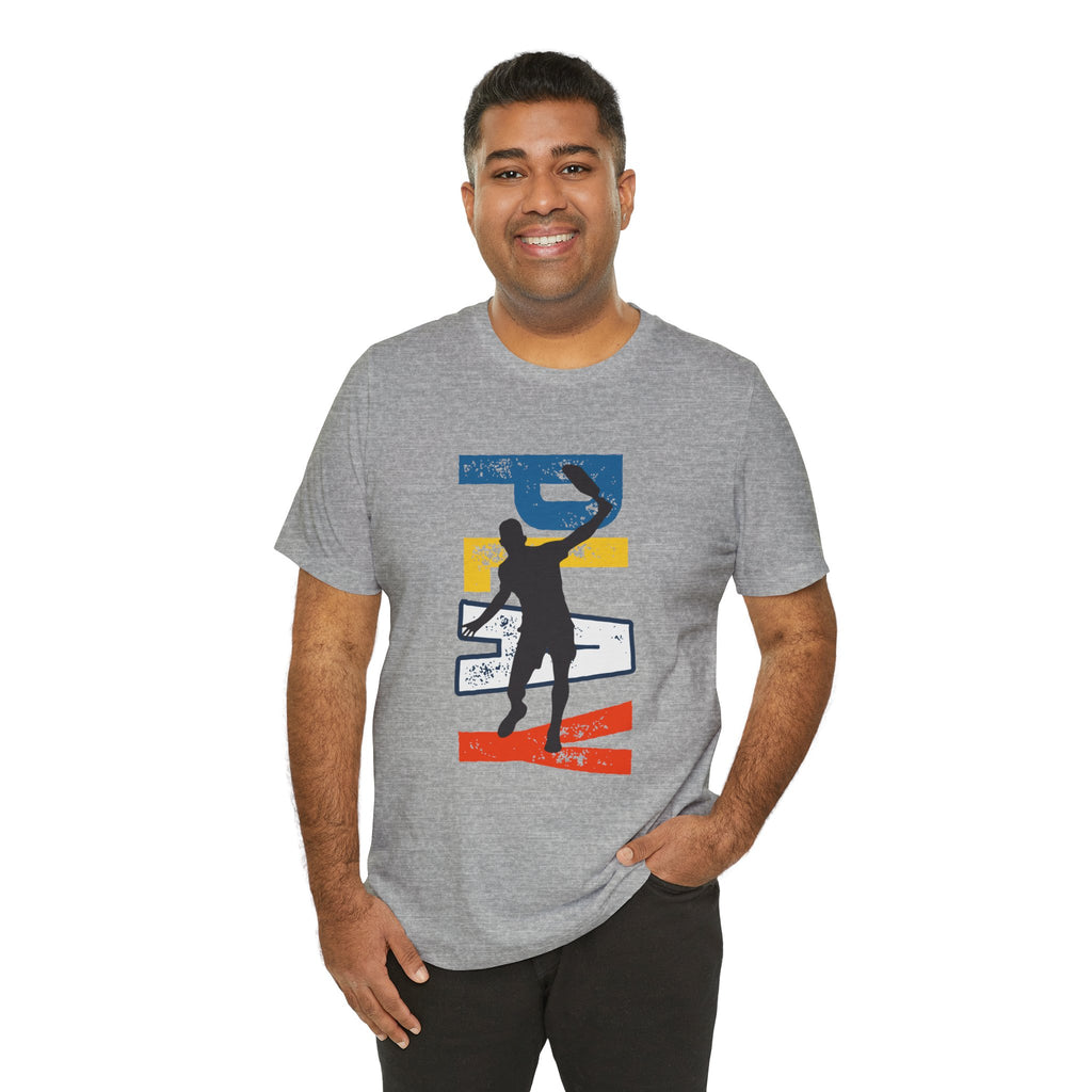 Men's Retro Pickleball Action T-Shirt with dynamic front silhouette and vertical 'PICKLEBALL' text on the back, by Printify.