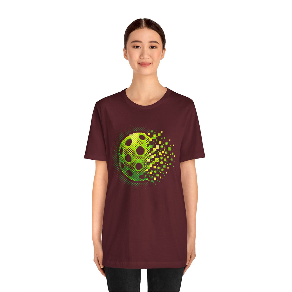 Green Pixelated Pickleball Tee featuring retro court graphic, casual T-shirt by Printify with vibrant design and comfortable fit.