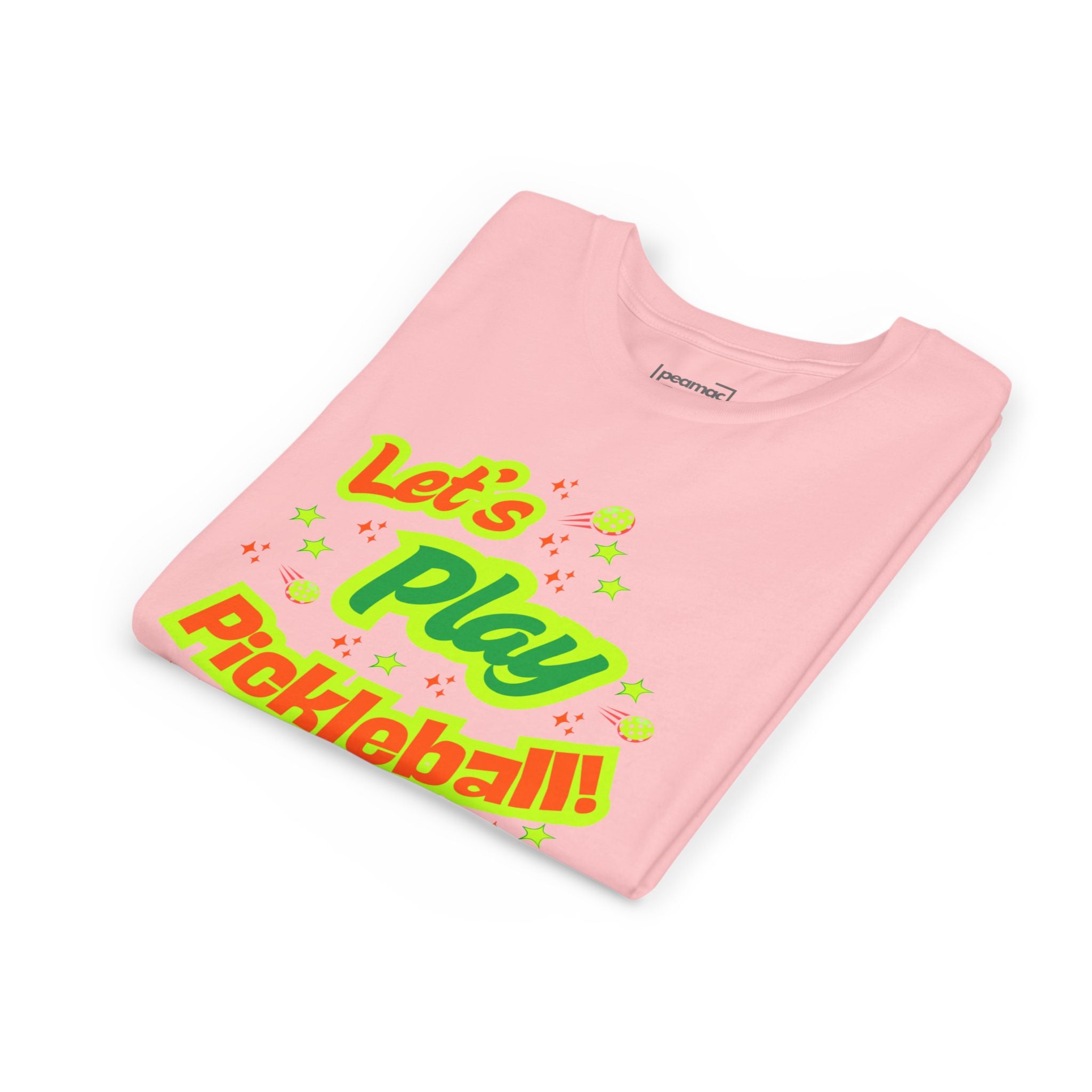 Youth neon pickleball graphic t-shirt for kids from Printify, featuring colorful pickleball design on a comfortable kids' shirt.