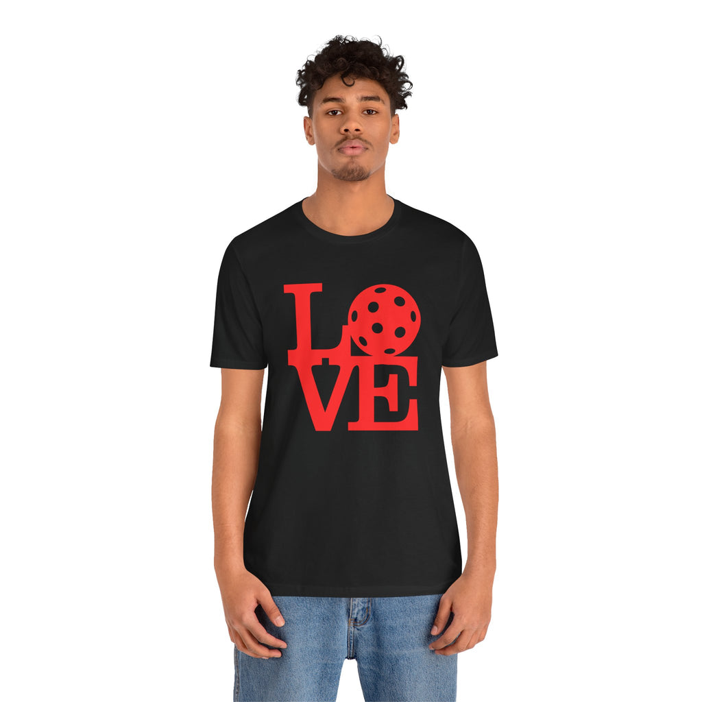 Red LOVE Pickleball graphic T-shirt with bold pop art design, casual unisex style, from Printify.