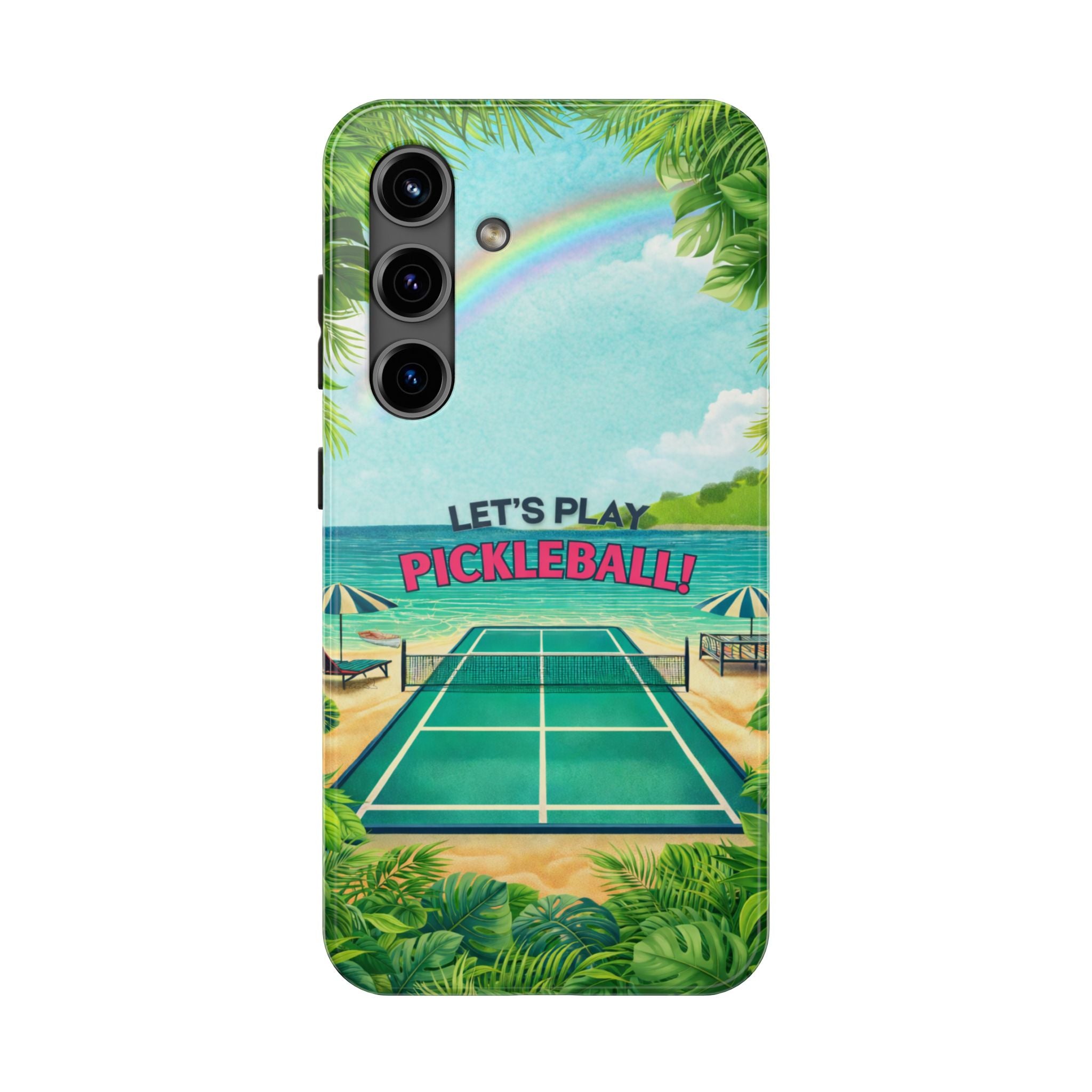 Tropical-themed Let's Play Pickleball tough phone case by Printify, featuring beach court design for iPhone or smartphone protection.