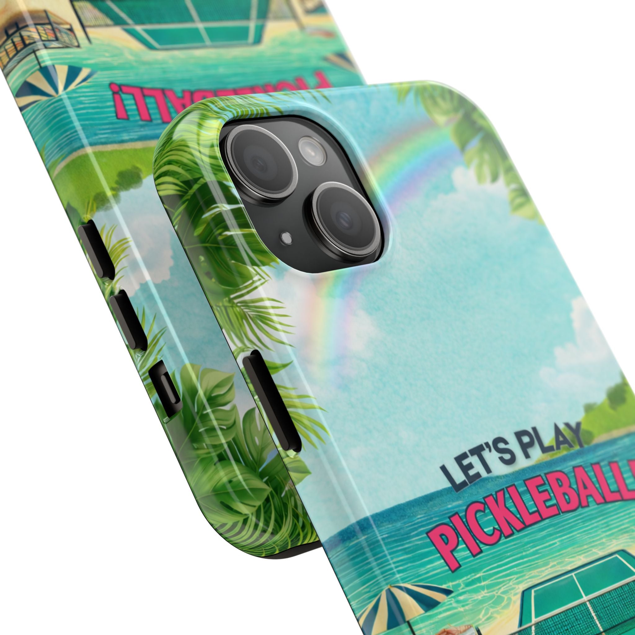 Let's Play Pickleball tropical tough phone case by Printify featuring a beach court design for added protection and style.