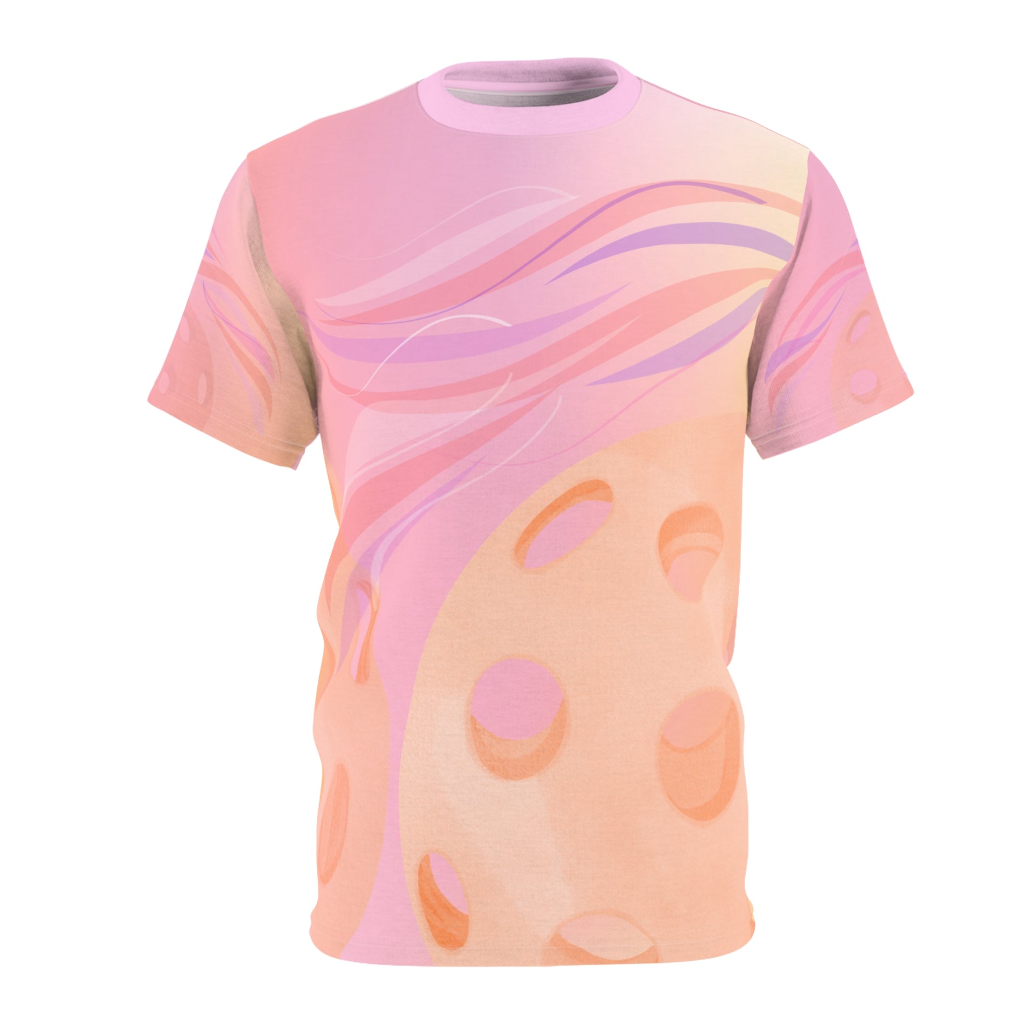 All-over print July Sunset Pickleball Tee by Printify, moisture-wicking unisex T-shirt with vibrant sunset design.