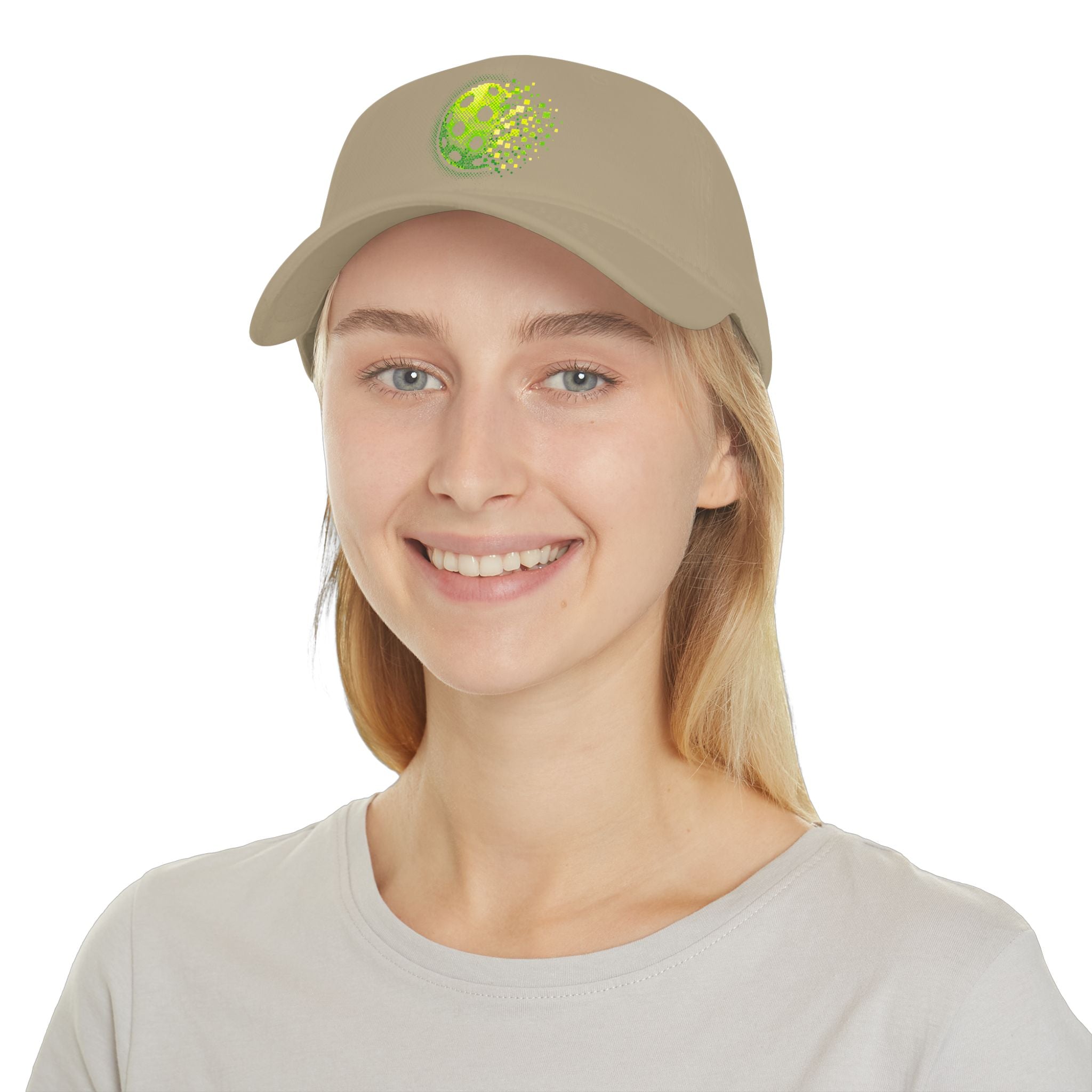 Pixelated Pickleball Cap in neon green, low profile cotton baseball hat by Printify, featuring a vibrant pixelated pickleball design.