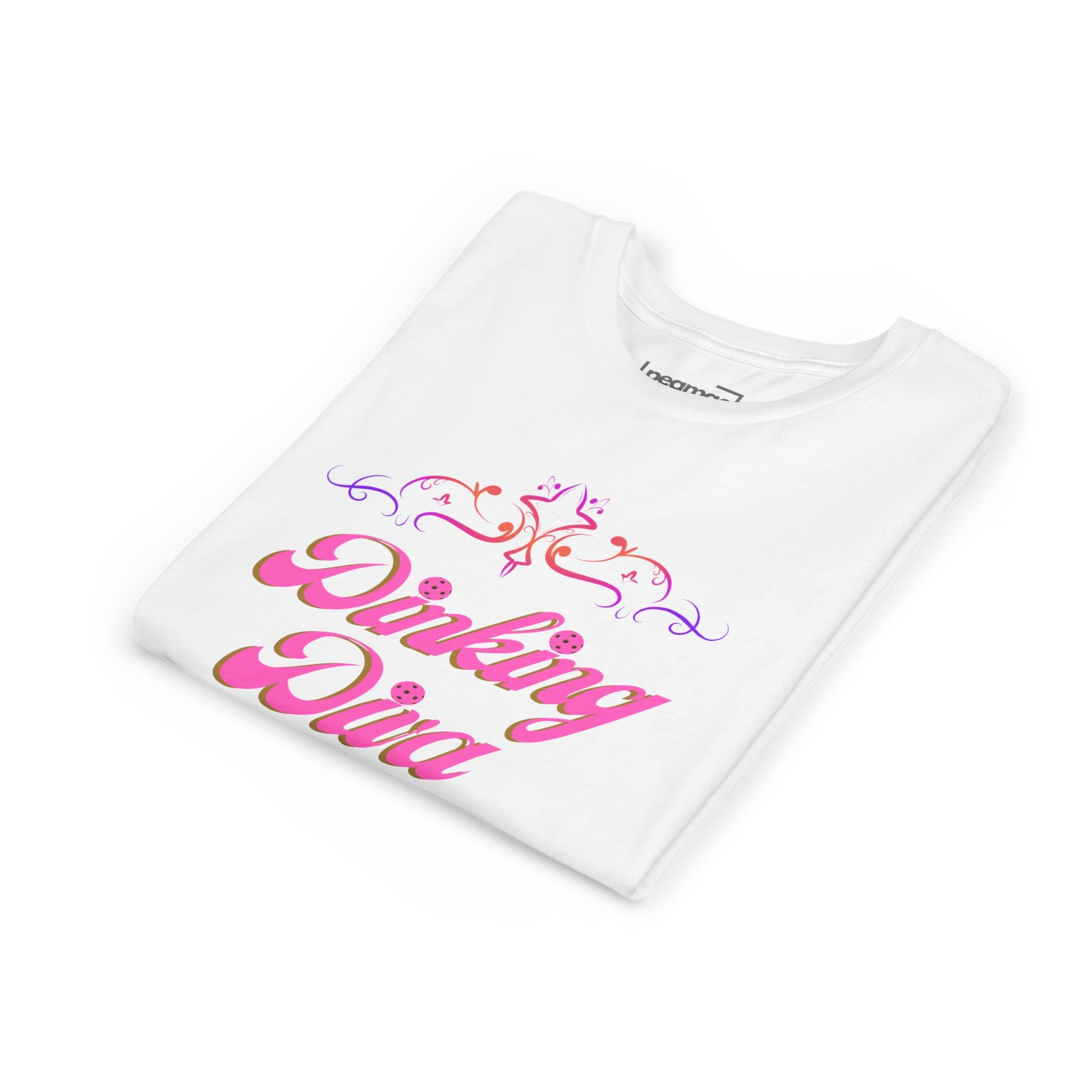 Pink Dinking Diva youth pickleball T-shirt for kids, featuring a playful print, comfortable fit, and vibrant pink color.