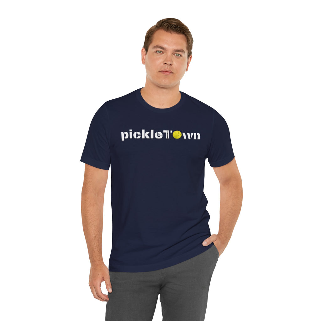 Toronto PickleTown T-Shirt featuring CN Tower and Pickleball ‘O’ design, casual wear by Printify.