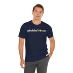 Toronto PickleTown T-Shirt featuring CN Tower and Pickleball ‘O’ design, casual wear by Printify.