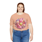 Unisex Peony Pickleball T-Shirt made of premium cotton by Printify, featuring a colorful floral peony design on the front.