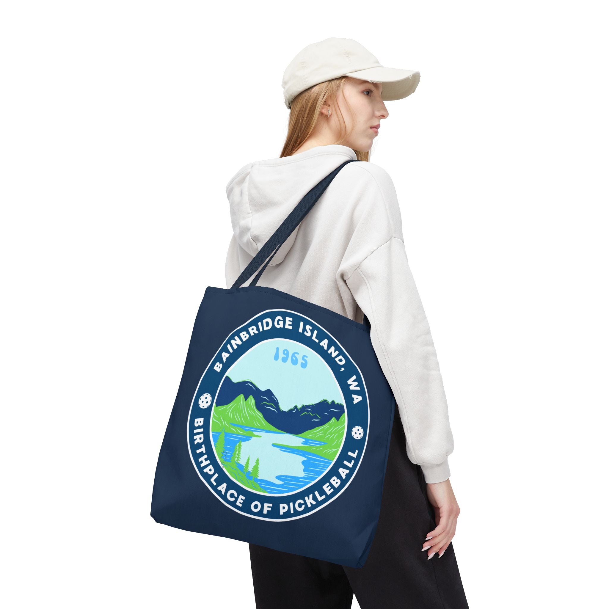 Large Printify pickleball tote bag featuring Bainbridge Island WA, the birthplace of pickleball, for carrying gear in style.