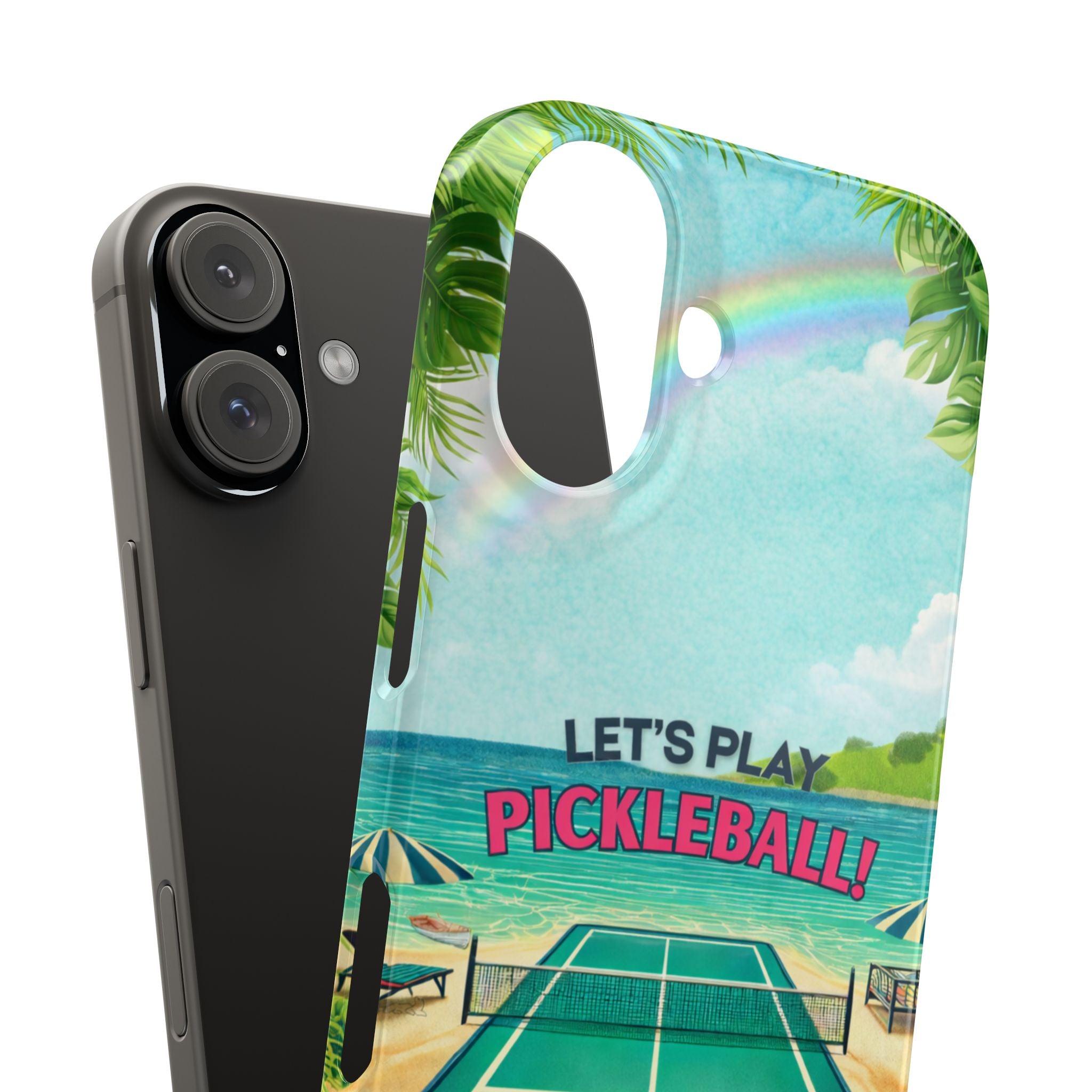 Let's Play Pickleball Tropical Tough Phone Case by Printify showing a vibrant beach court design for iPhone or smartphone protection.