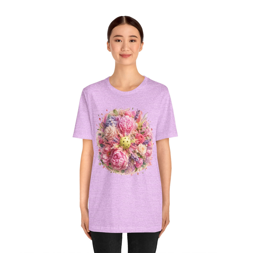 Peony Pickleball Tee by Printify, a unisex cotton T-shirt featuring a colorful peony pickleball design on a white background.