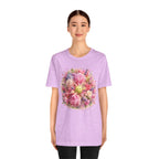 Peony Pickleball Tee by Printify, a unisex cotton T-shirt featuring a colorful peony pickleball design on a white background.