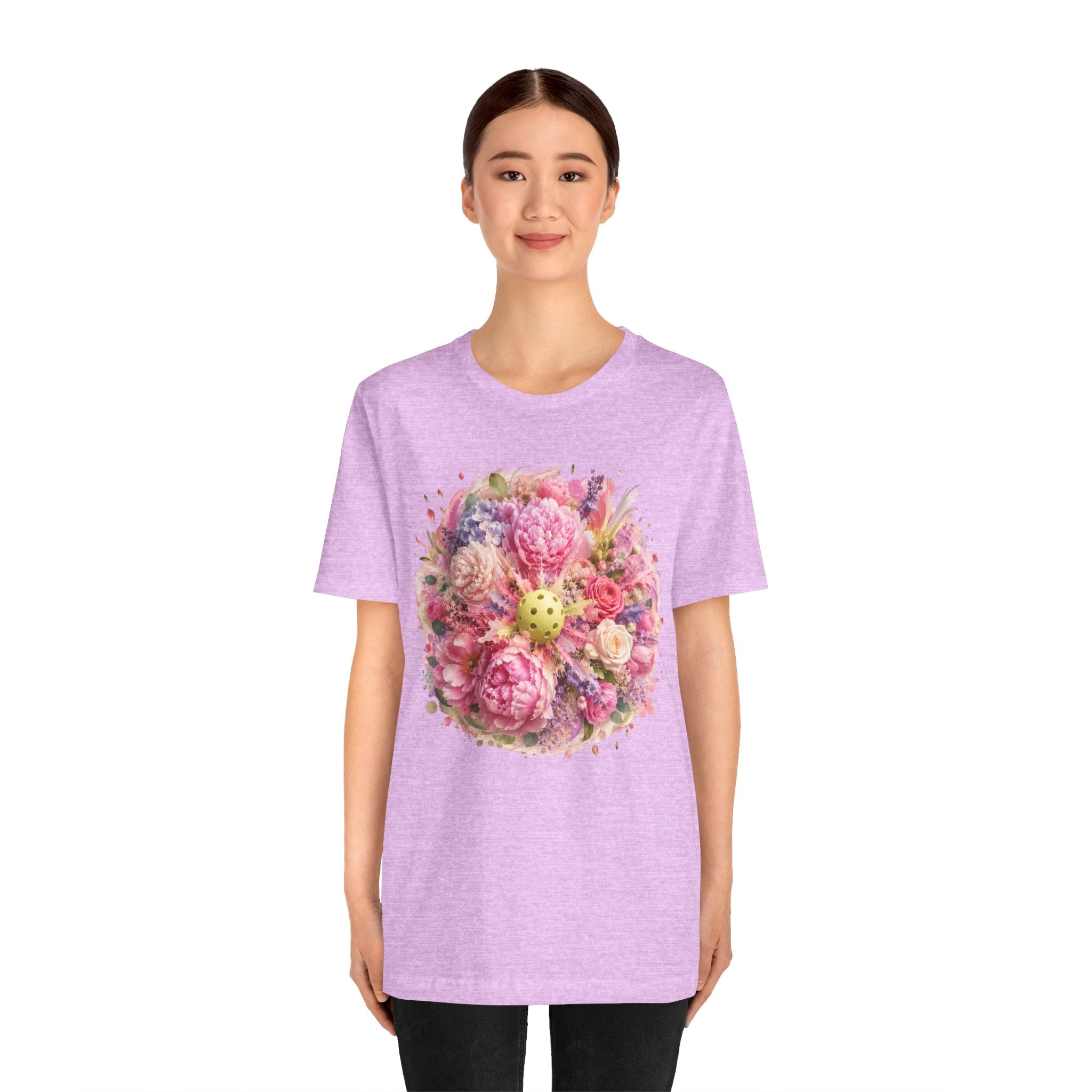 Peony Pickleball Tee by Printify, a unisex cotton T-shirt featuring a colorful peony pickleball design on a white background.