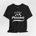 Classic pickleball T-shirt with "Pickleball" script design, comfortable cotton fabric, ideal for pickleball players and enthusiasts.