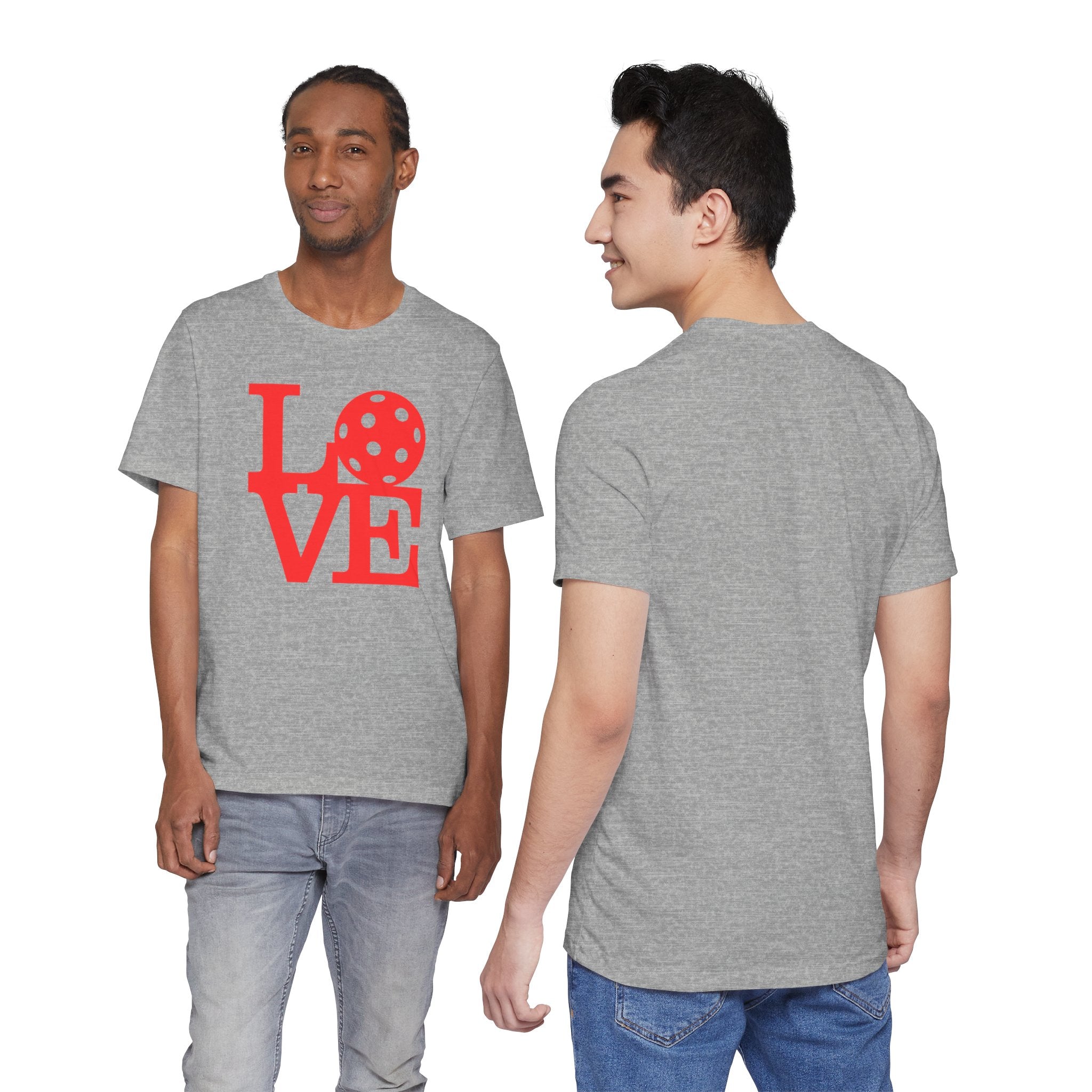 Red LOVE Pickleball graphic T-shirt featuring bold pop art design, made by Printify, casual athletic wear for pickleball enthusiasts.