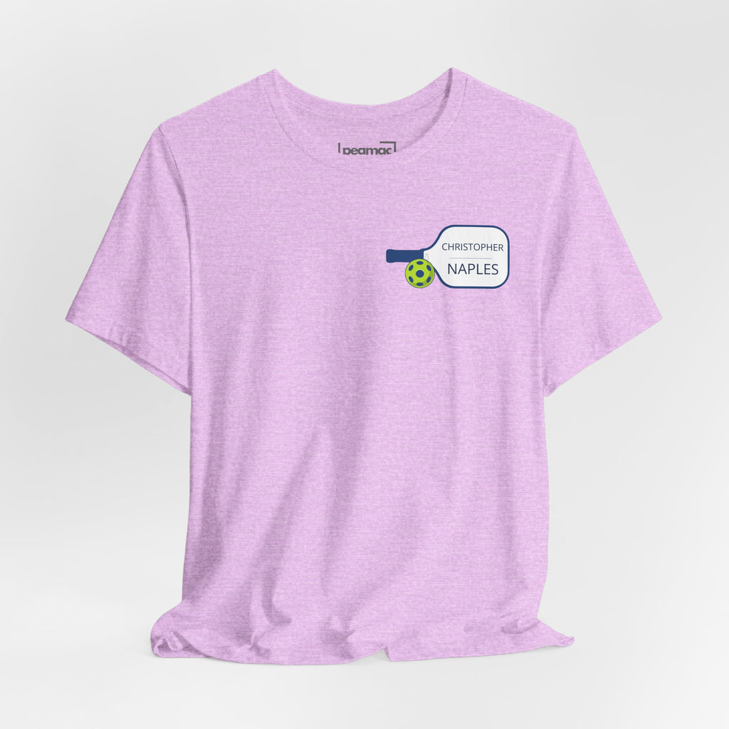 Personalized pickleball T-shirt by Printify featuring custom name and club on paddle graphic design.