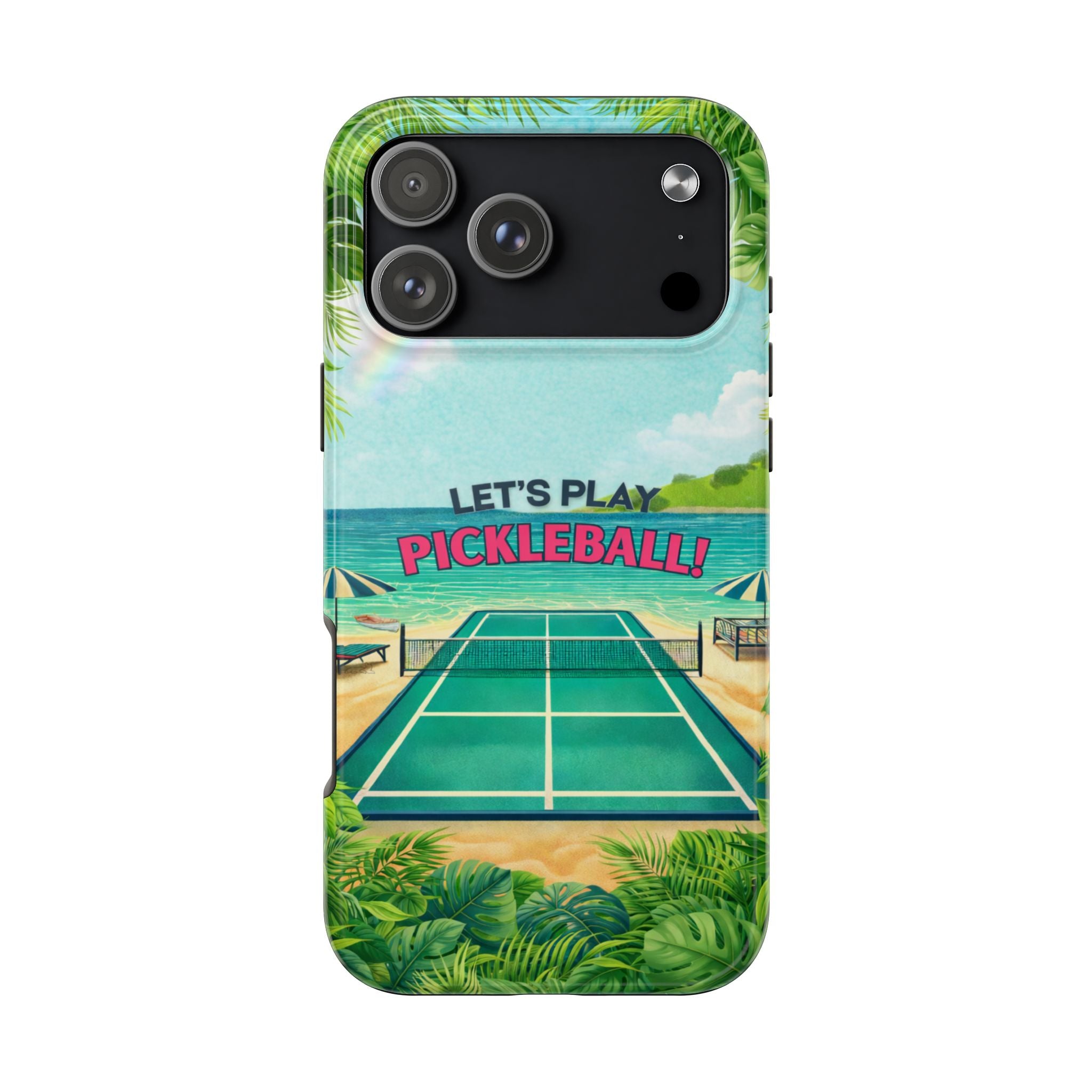 Let's Play Pickleball! Tropical Tough Phone Case | Supports Wireless Charging | Compatible with iPhone and Samsung smartphones