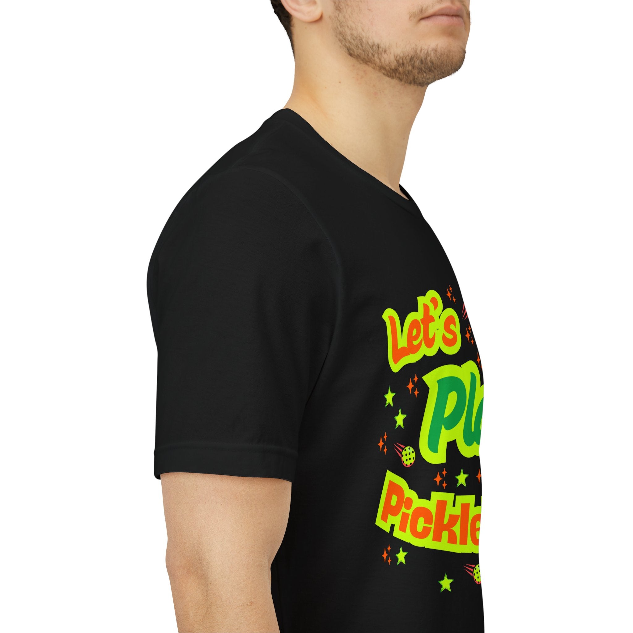 Neon orange and electric green pickleball rally T-shirt with court graphic by Printify, casual athletic wear for sports enthusiasts.
