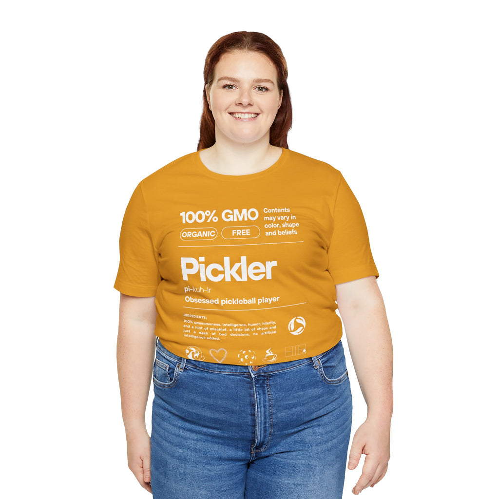 Women's Pickler Funny Definitions T-Shirt with white text, lightweight activewear featuring playful pickleball-themed graphic.