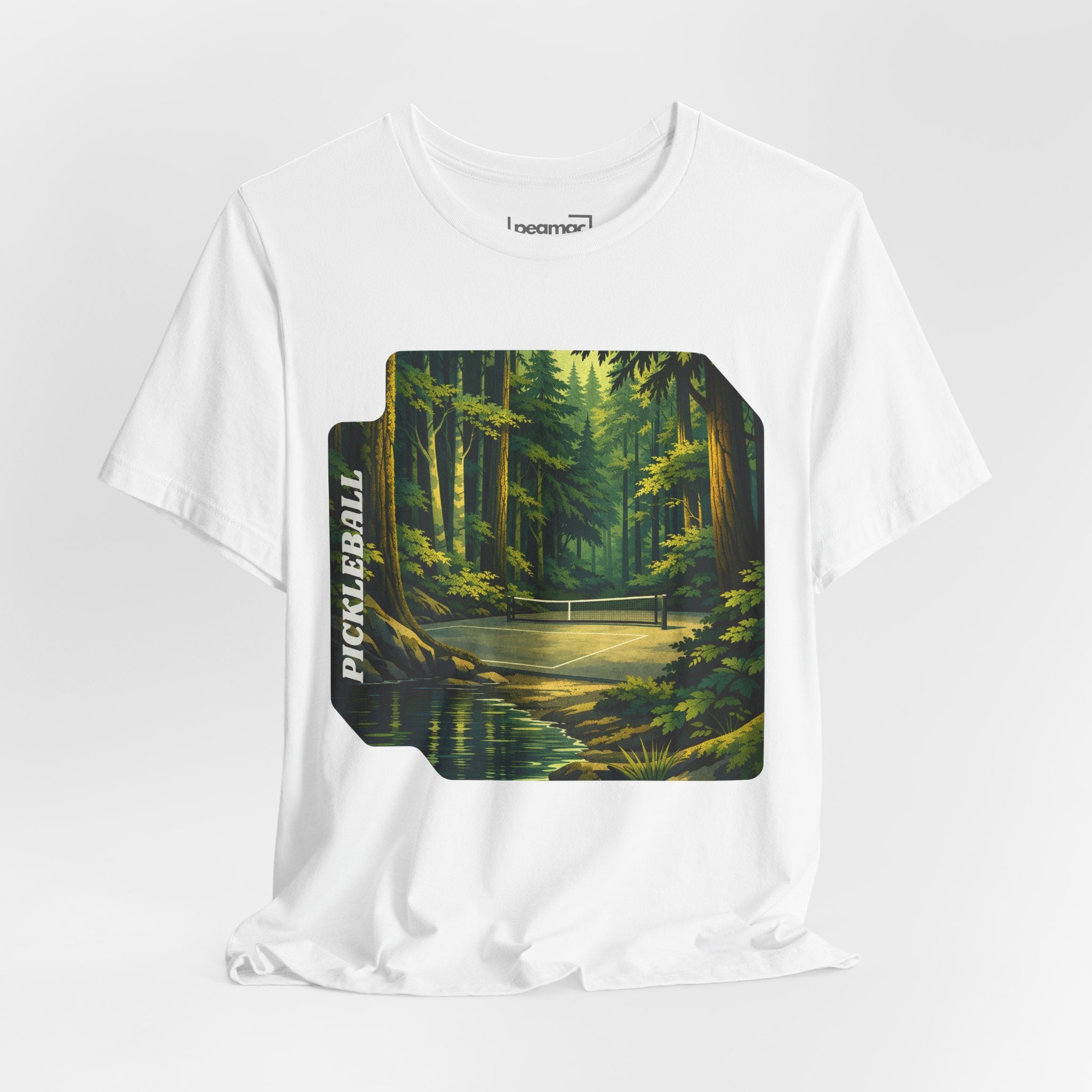 Unisex Hidden Forest Pickleball T-Shirt featuring Bainbridge Island tribute design on a comfortable cotton tee.