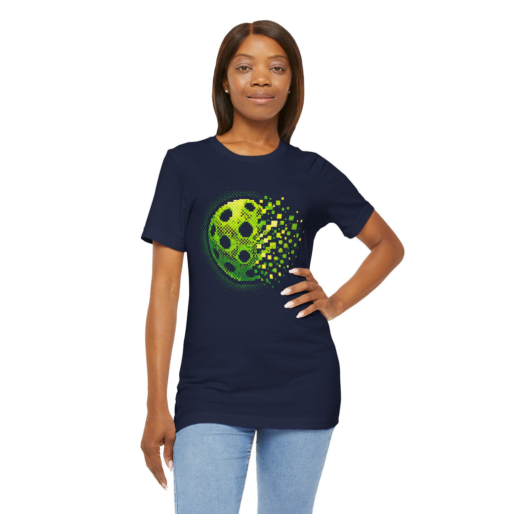 Green Pixelated Pickleball Tee with retro court graphic T-shirt by Printify, showcasing a vibrant pickleball design on the front.
