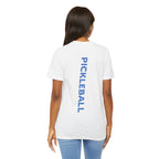 Women's retro-inspired pickleball T-shirt with vertical "PICKLEBALL" back print, by Printify, casual and sporty design.
