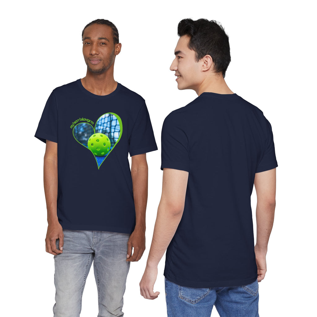 White Pickleball T-Shirt with "My Heart Belongs to Pickleball" slogan, casual fit, for players and fans, by Printify.