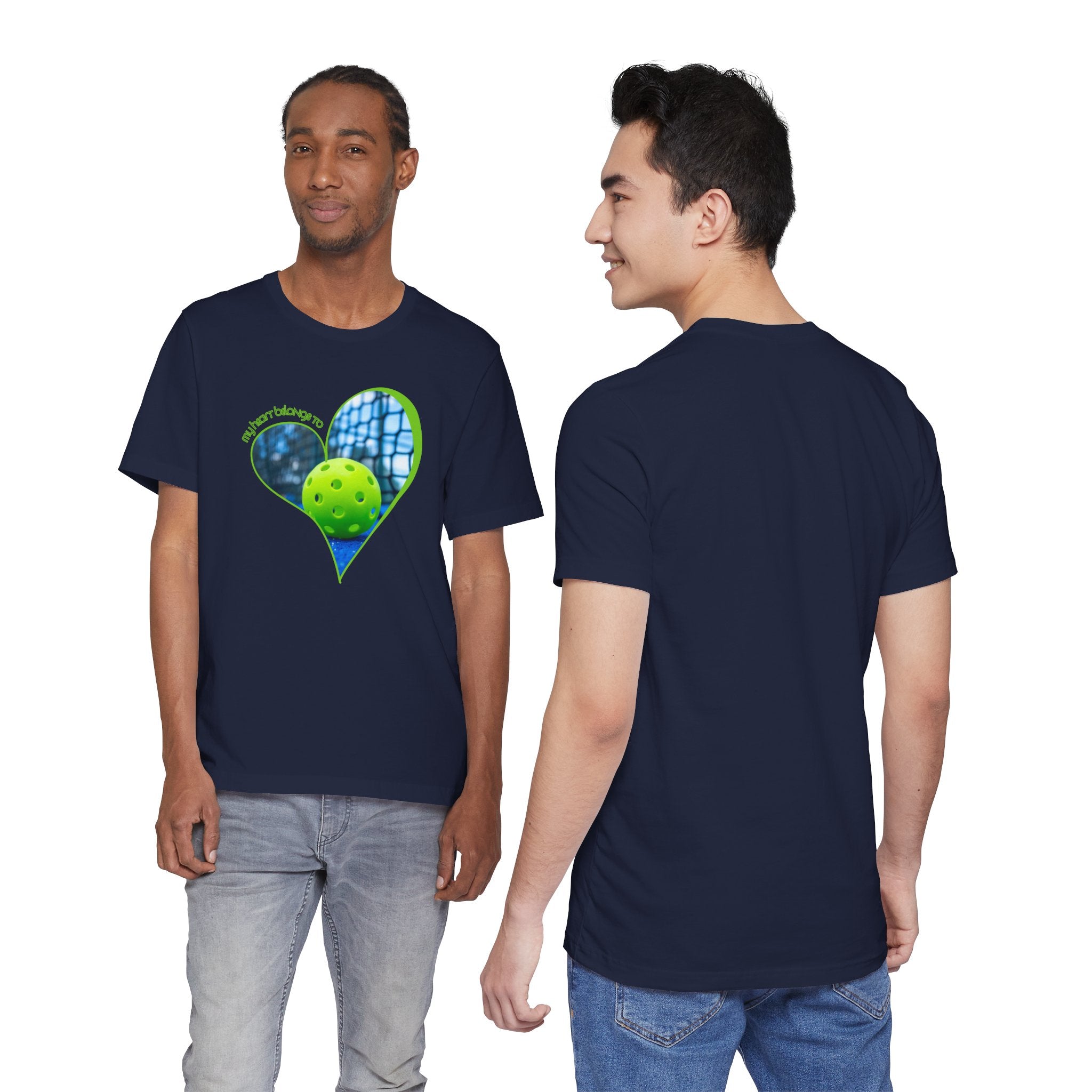 White Pickleball T-Shirt with "My Heart Belongs to Pickleball" slogan, casual fit, for players and fans, by Printify.