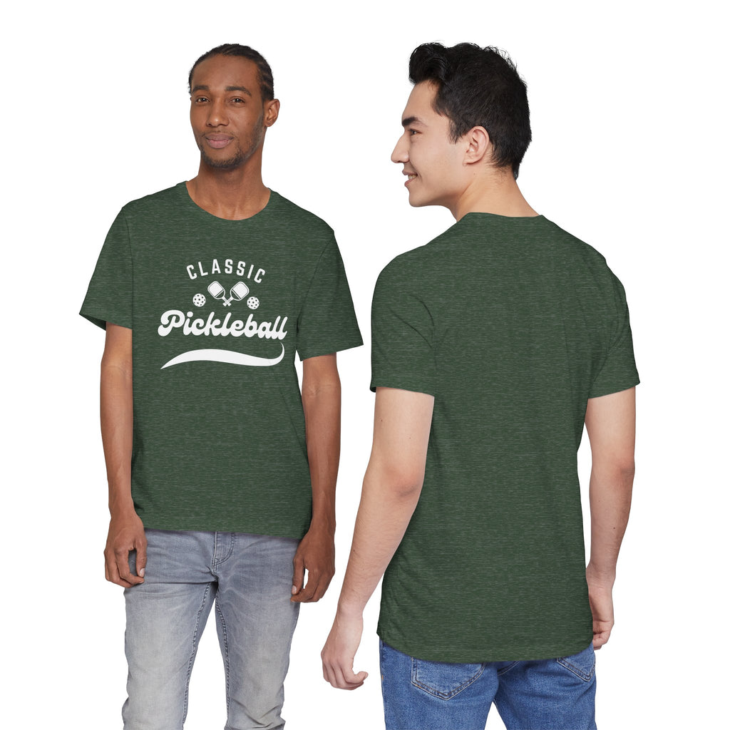 Classic pickleball T-shirt with "Pickleball" script design, comfortable cotton fabric, printed by Printify.