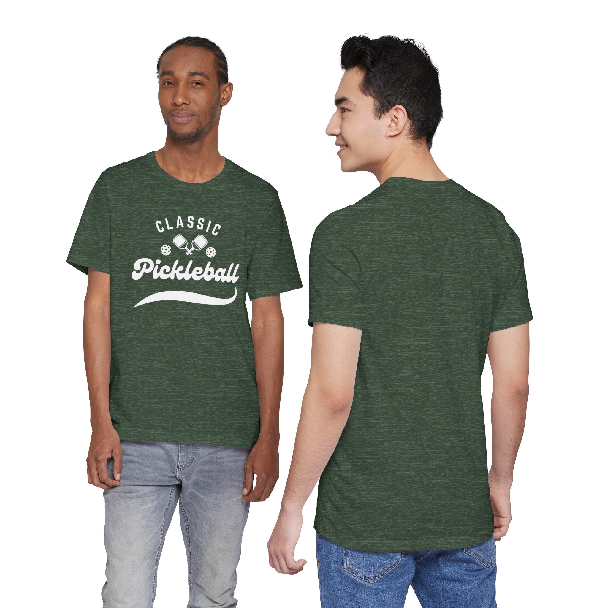 Classic pickleball T-shirt with "Pickleball" script design, comfortable cotton fabric, printed by Printify.
