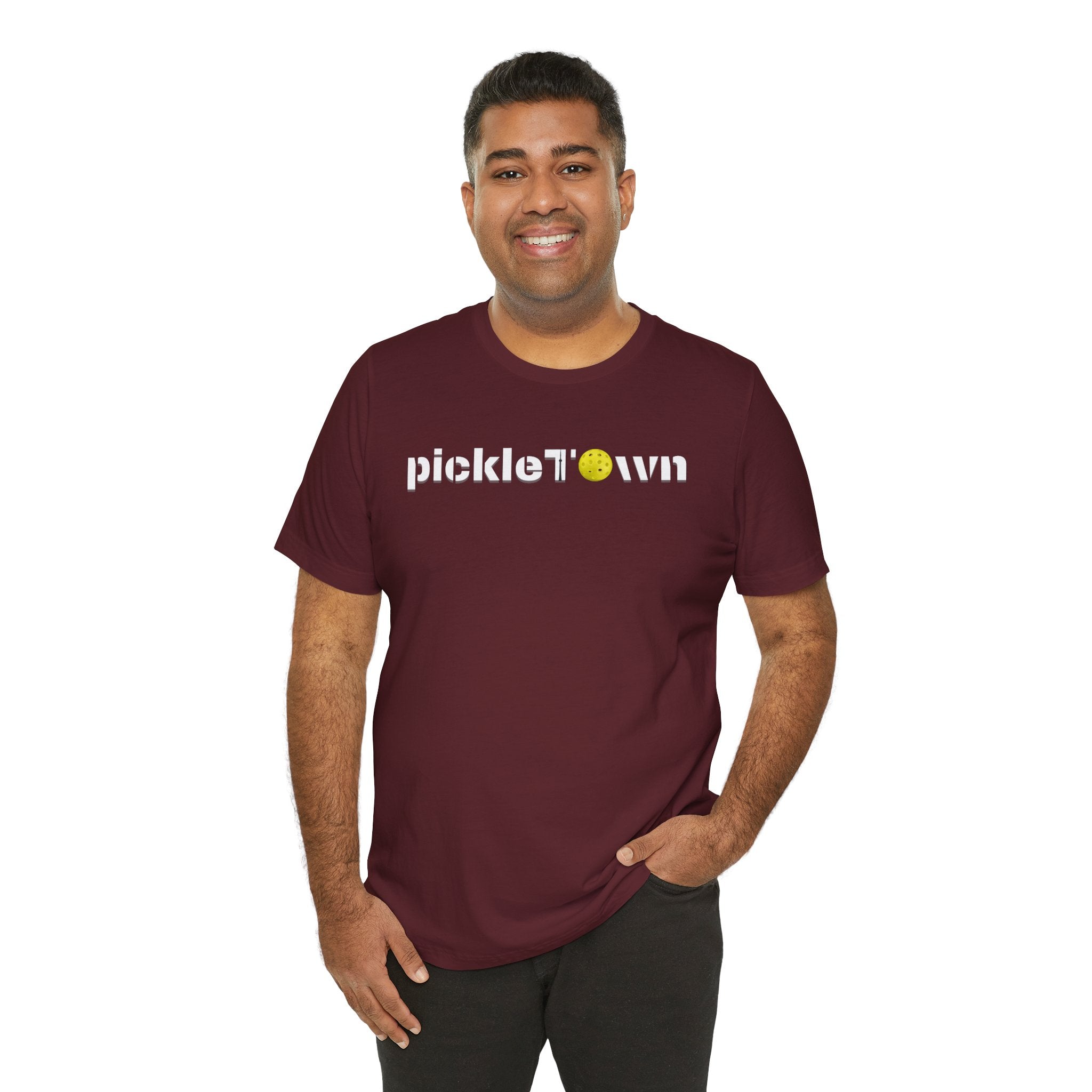 Toronto PickleTOwn T-Shirt featuring CN Tower and pickleball design, comfortable casual tee for fans of Toronto and pickleball enthusiasts.