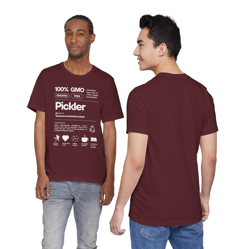 Men's white Pickler Funny Definitions pickleball T-shirt with lightweight activewear fabric and humorous text print.