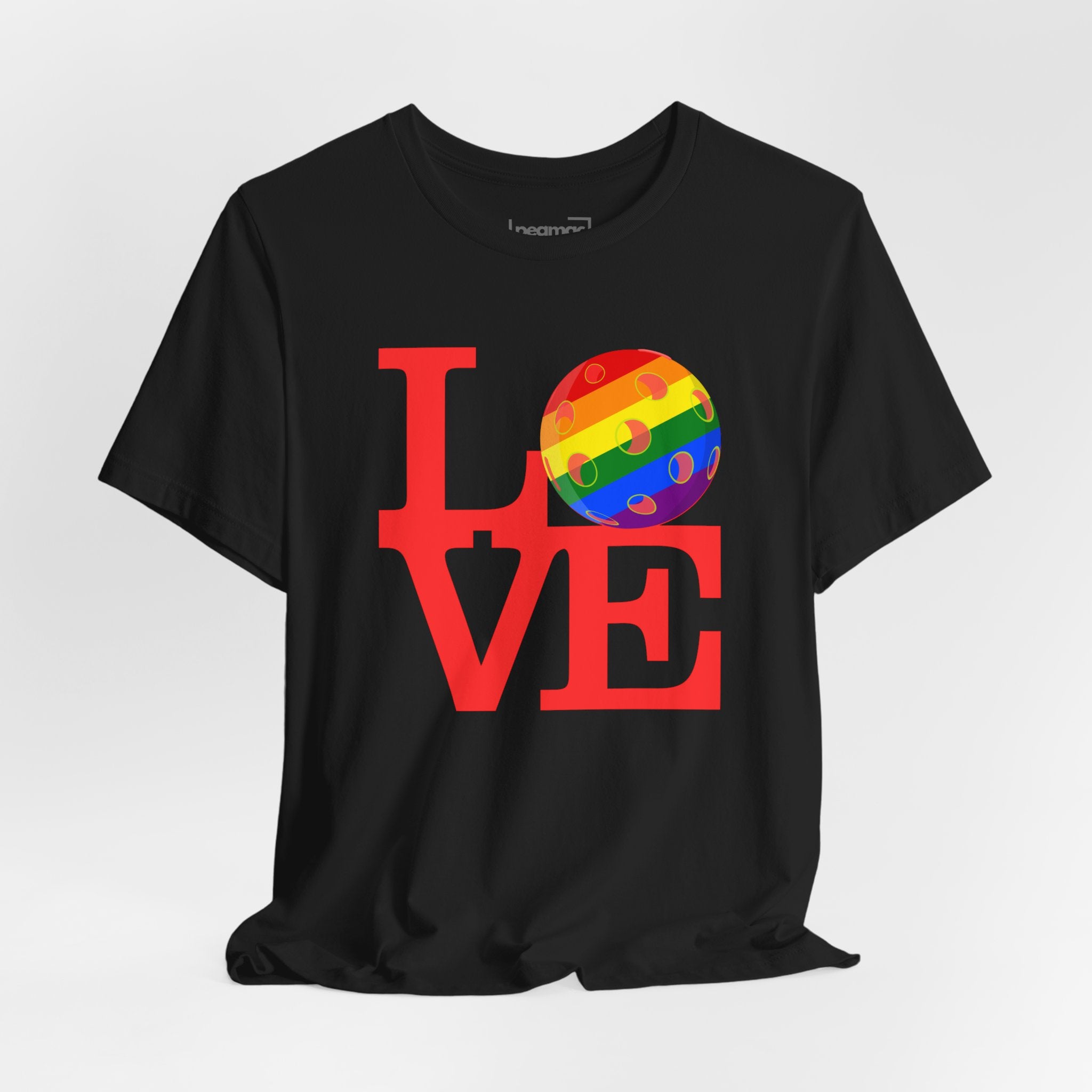 Rainbow LOVE Pickleball Pride T-shirt featuring colorful LGBTQ2 design on a comfortable cotton tee.