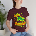 Neon orange and electric green pickleball rally T-shirt with court graphic, casual athletic style by Printify.