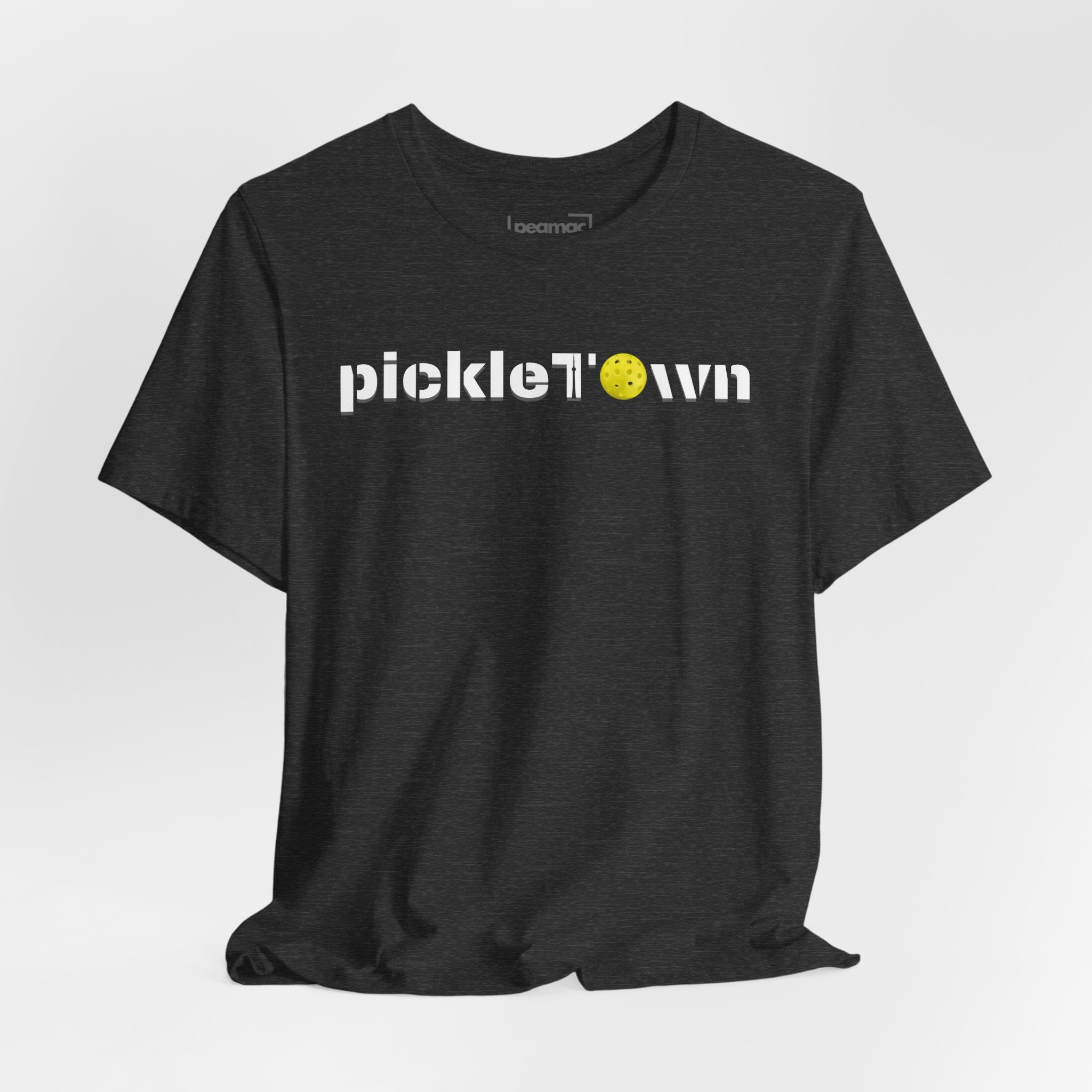 Toronto PickleTOwn T-Shirt featuring CN Tower and pickleball design, casual printify branded shirt with colorful graphic.