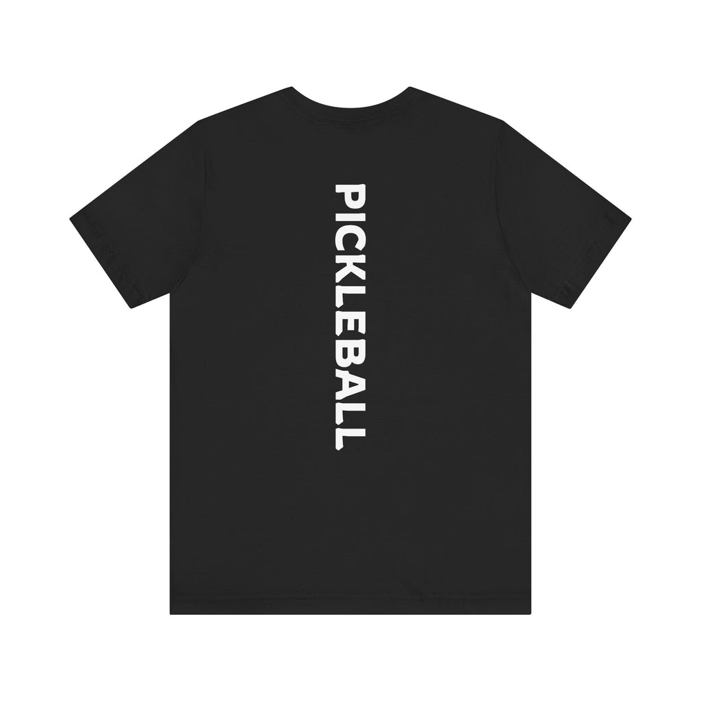 Men's Retro Pickleball Action T-Shirt with dynamic front silhouette and vertical 'PICKLEBALL' text on the back by Printify.