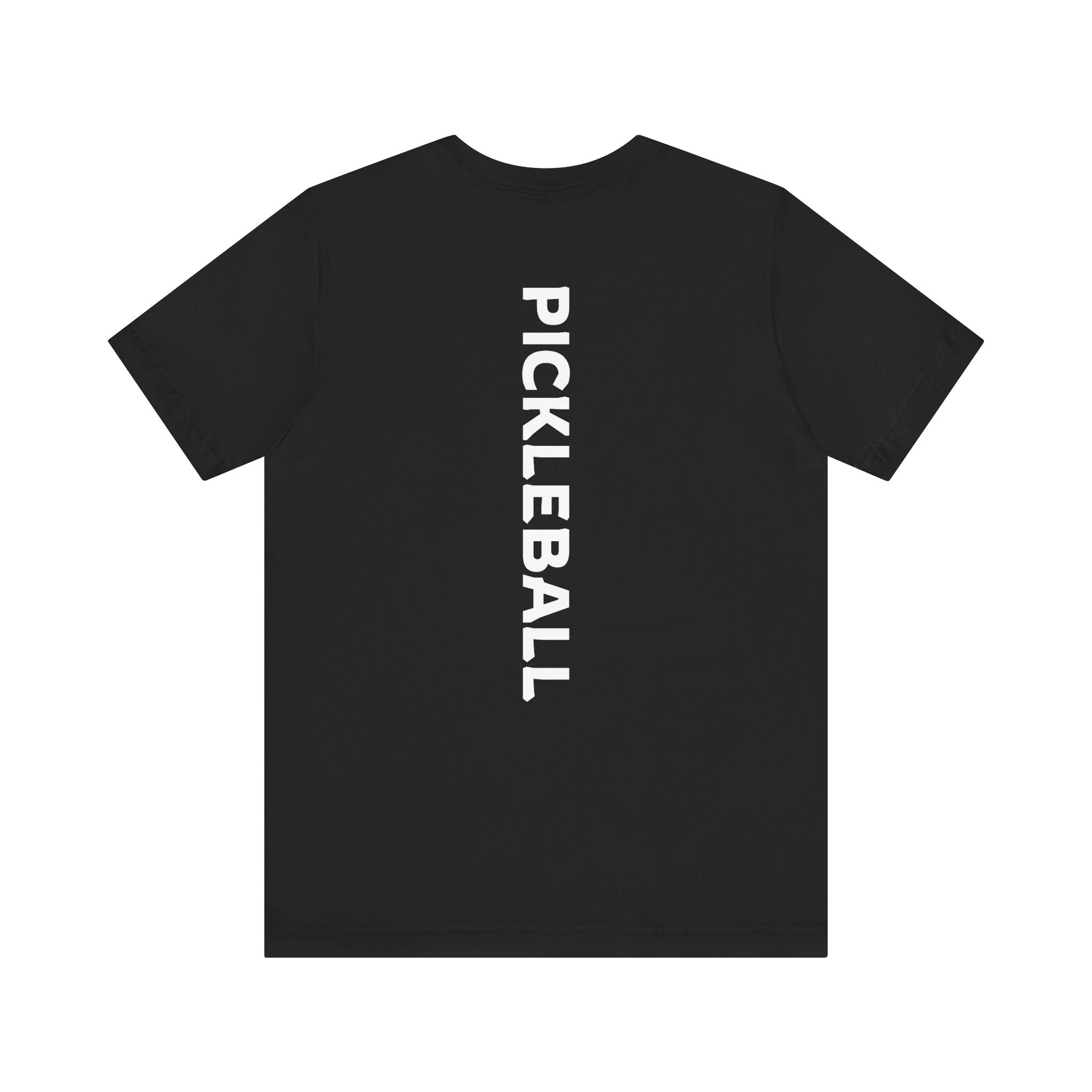 Men's Retro Pickleball Action T-Shirt with dynamic front silhouette and vertical 'PICKLEBALL' text on the back by Printify.