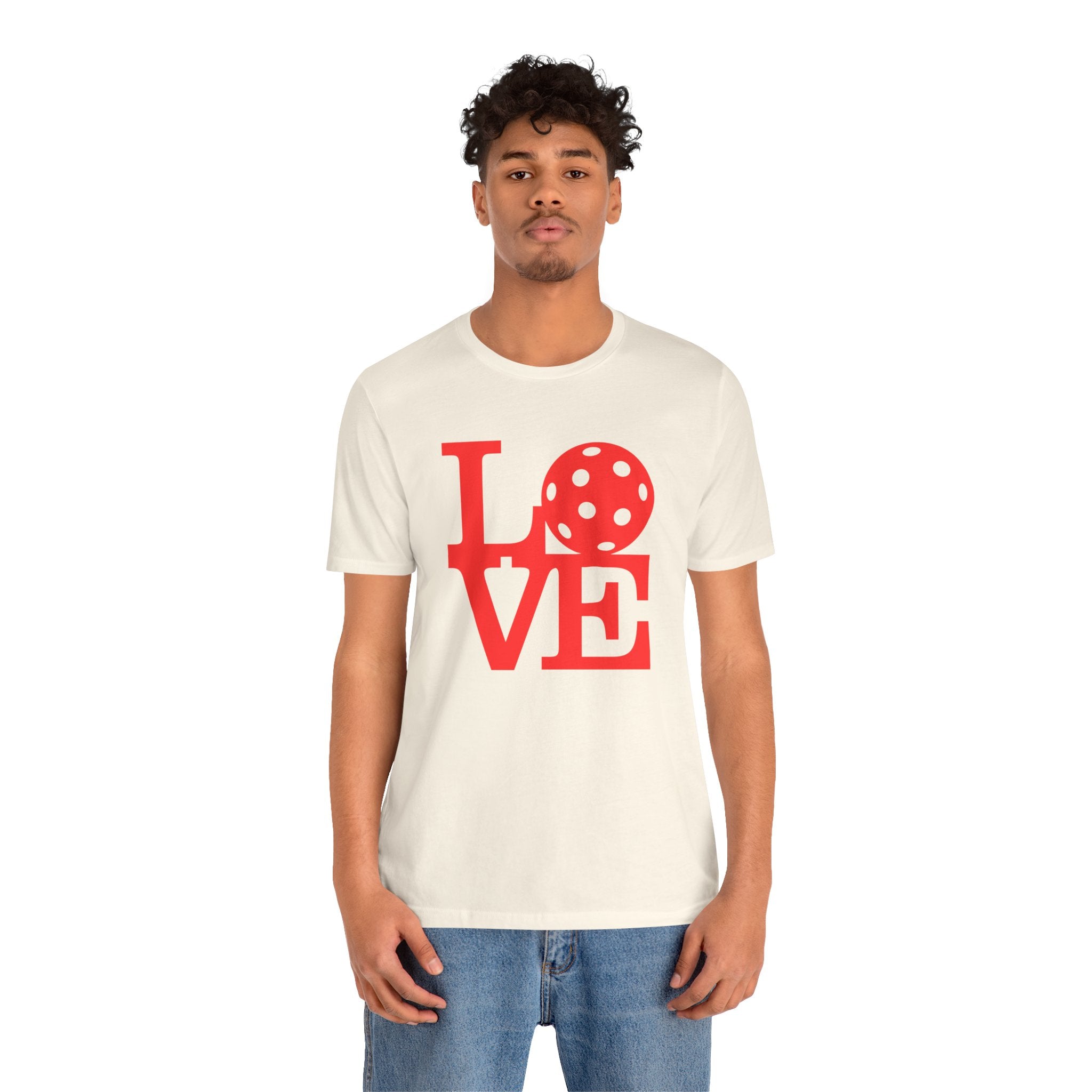 Bold red LOVE Pickleball graphic T-shirt by Printify featuring pop art style design on a casual cotton tee.