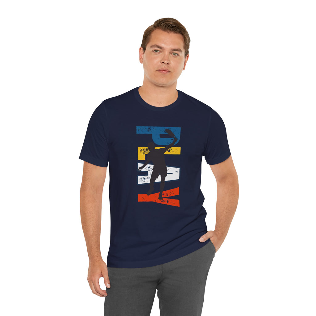 Men's Retro Pickleball Action T-shirt with front silhouette and vertical "PICKLEBALL" text on the back, by Printify.