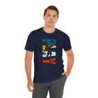Men's Retro Pickleball Action T-shirt with front silhouette and vertical "PICKLEBALL" text on the back, by Printify.