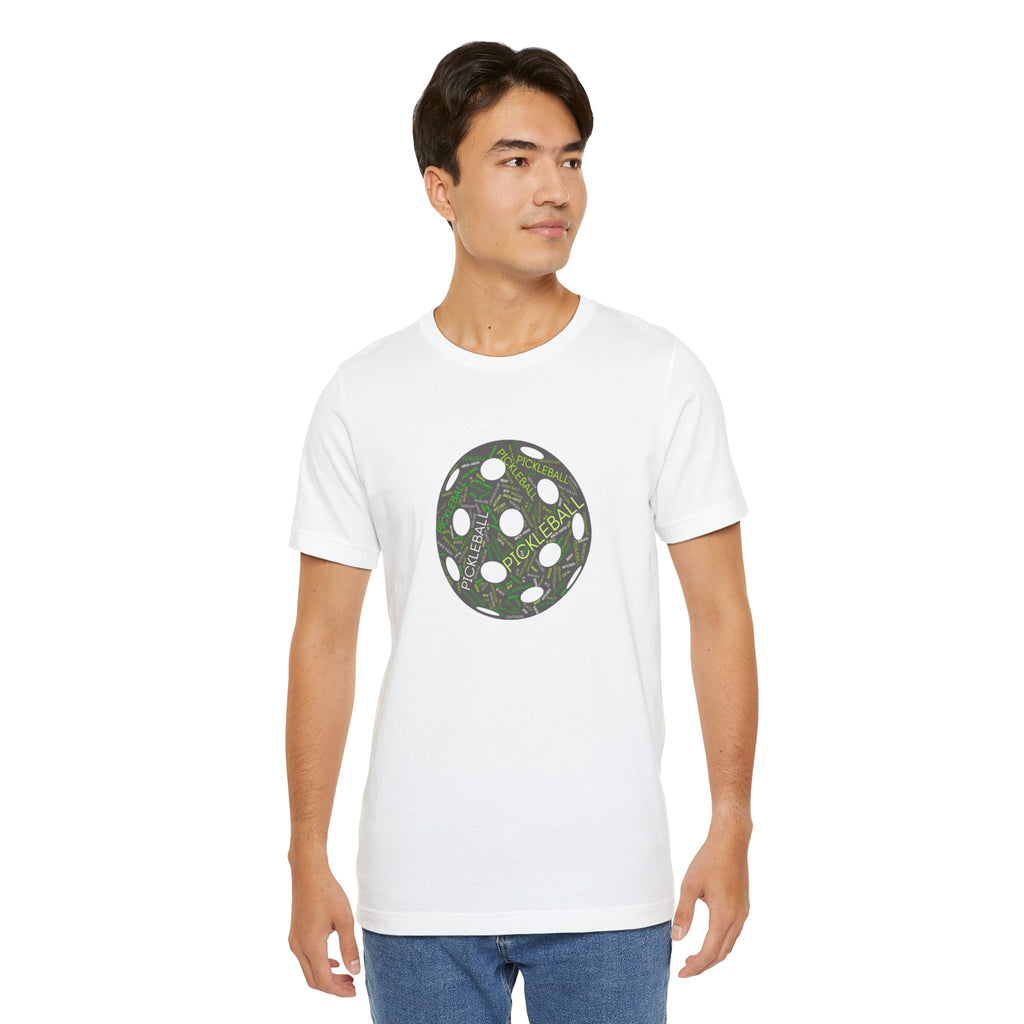 Pickleball Word Cloud T-shirt with pickleball-shaped graphic and words like dink, pickle, and kitchen in black on white fabric.