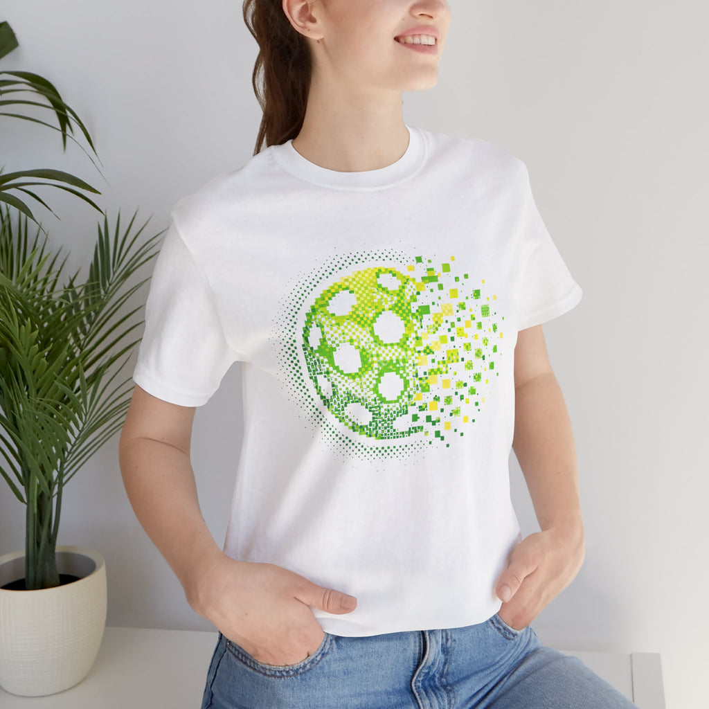 Green Pixelated Pickleball Tee featuring retro court graphic, casual short-sleeve T-shirt by Printify, perfect for pickleball fans.