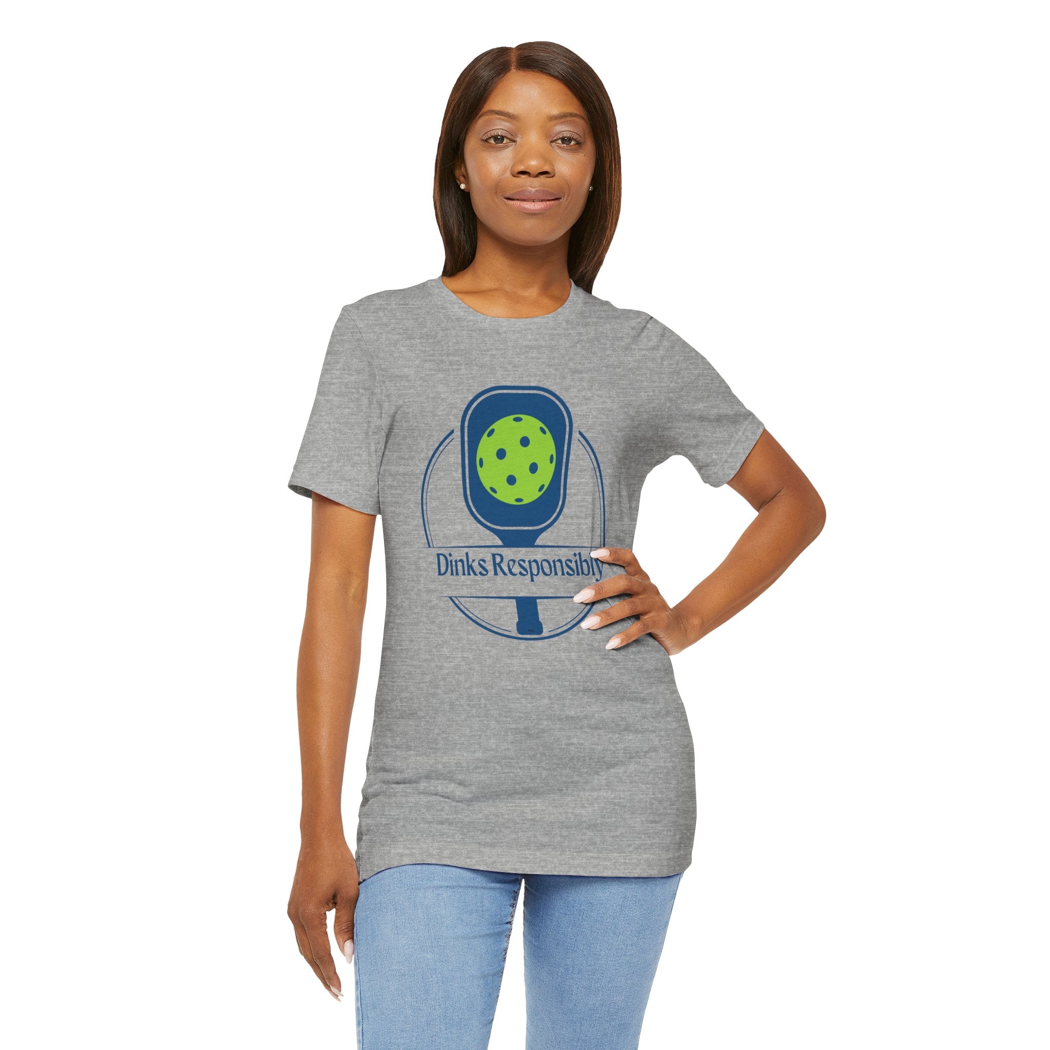 Dinks Responsibly Pickleball T-Shirt with paddle and ball graphic, humorous pickleball shirt by Printify.