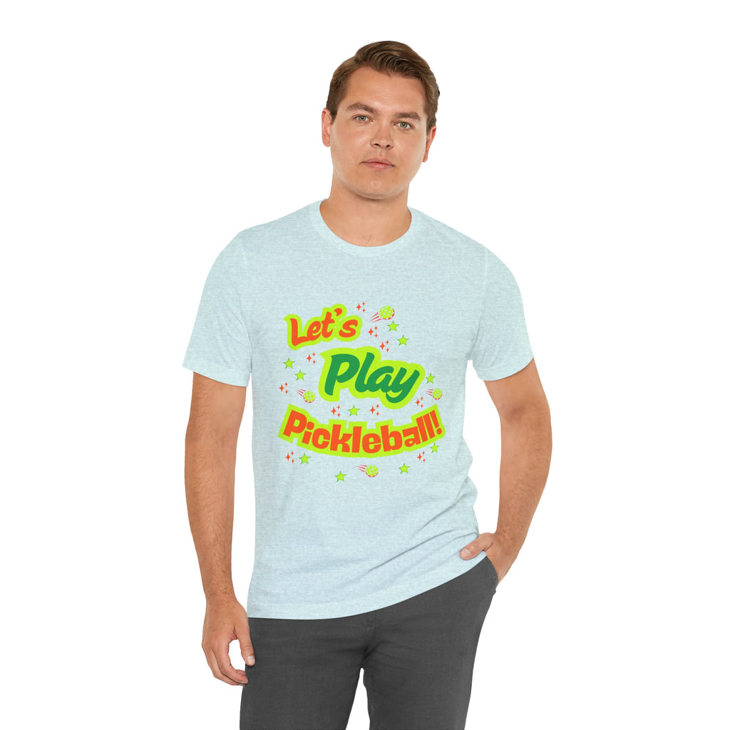 Neon orange and electric green pickleball rally T-shirt with court graphic, casual unisex T-shirt by Printify.