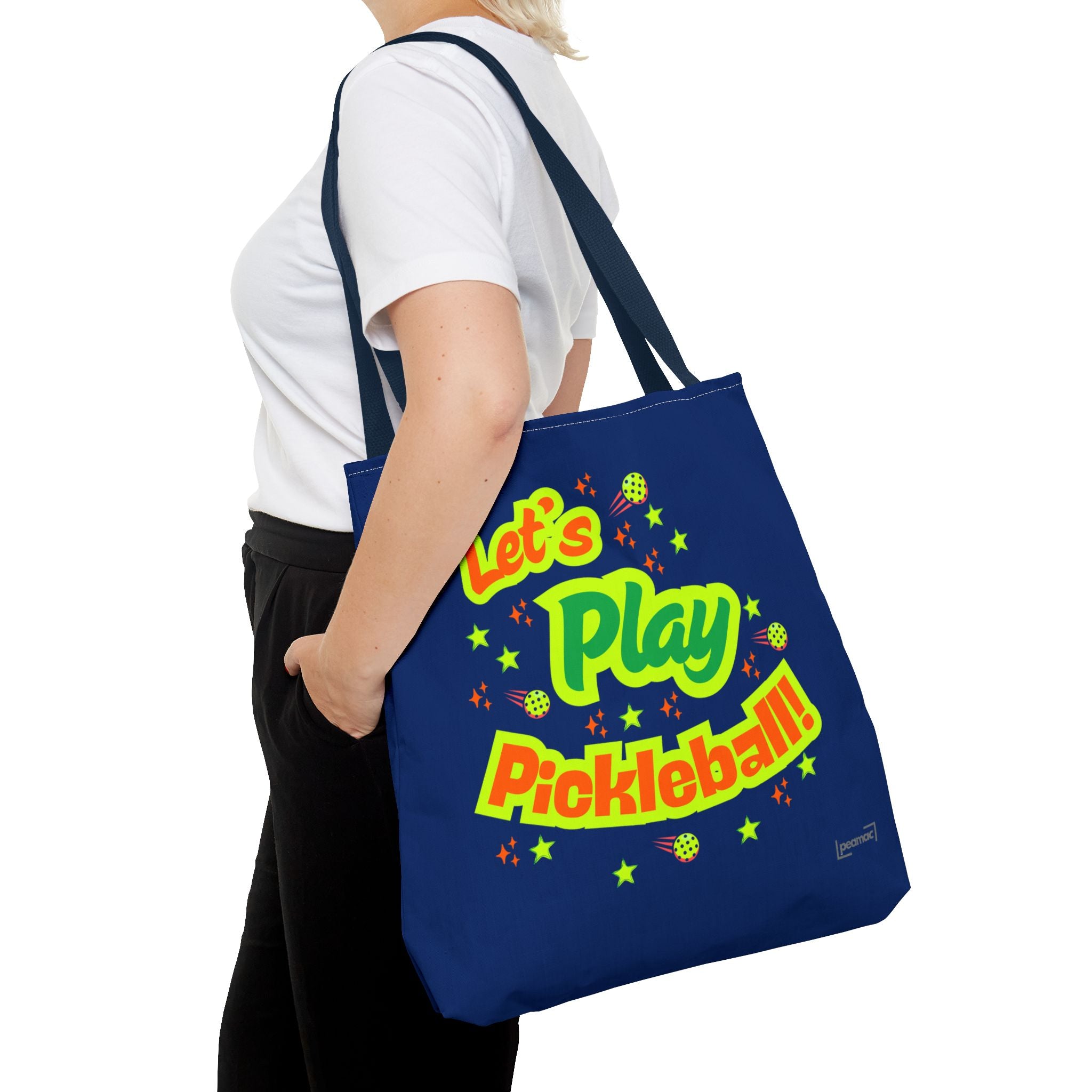 Large navy Printify Let's Play Pickleball tote bag with shoulder straps, spacious bag for sports and casual use