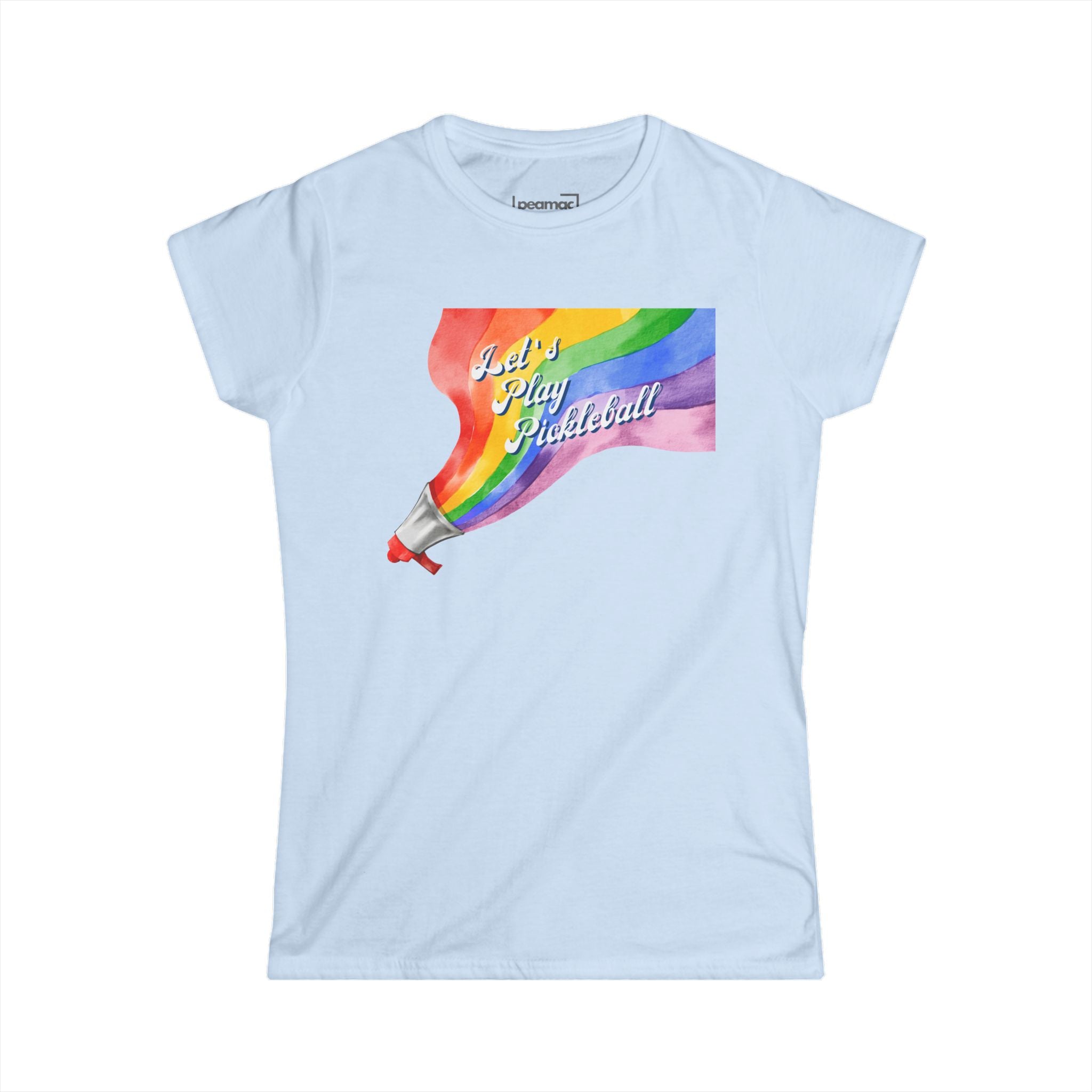 Women's Semi-fitted Shout It Out Proud – Let’s Play Pickleball T-Shirt | Rainbow Megaphone Design | LGBTQ2 Boutique